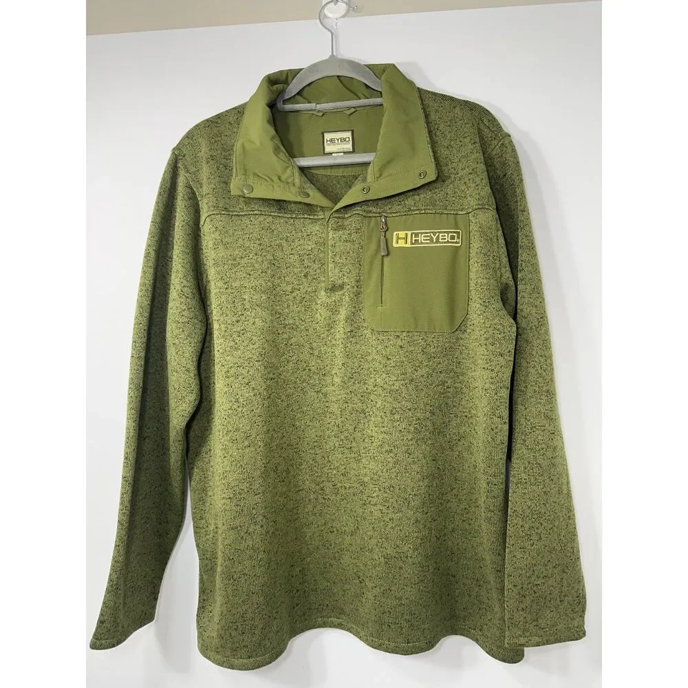 HEYBO Outdoors Mens M Green Fleece Pullover Snap Neck Hunting Fishing Sweater